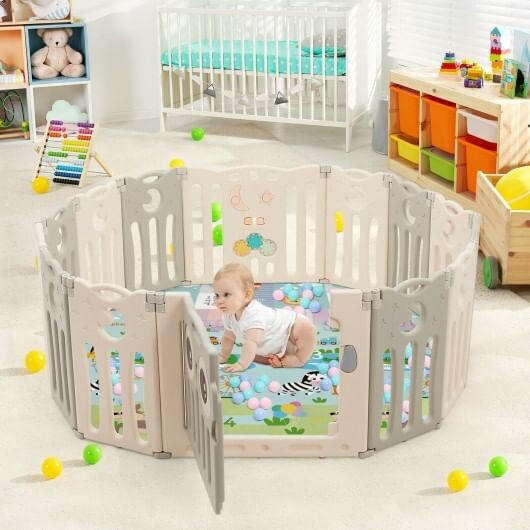 14-Panel Baby Playpen Kids Activity Center Foldable Play Yard with Lock Door-Beige - Color: Beige D681-BB5627BE