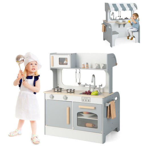 Double Sided Kids Pretend Kitchen Playset with 2-Seat Cafe-Gray - Color: Gray D681-TP10050GR
