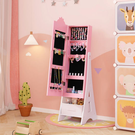 Kids Jewelry Cabinet with Full-Length Mirror and Foldable Drawer-Pink - Color: Pink D681-HY10322PI