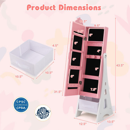 Kids Jewelry Cabinet with Full-Length Mirror and Foldable Drawer-Pink - Color: Pink D681-HY10322PI