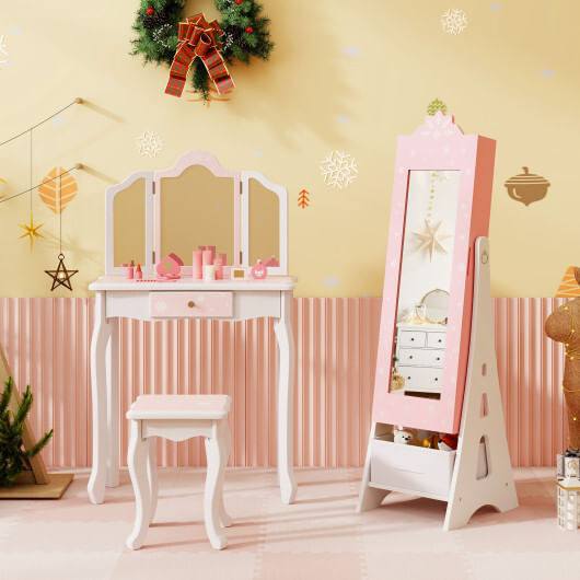Kids Jewelry Cabinet with Full-Length Mirror and Foldable Drawer-Pink - Color: Pink D681-HY10322PI