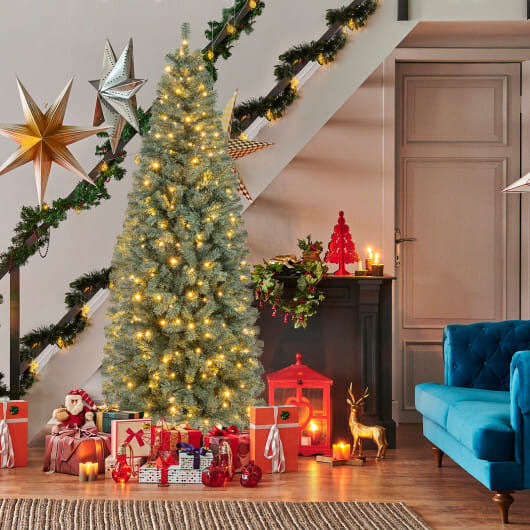 7.5 Feet Pre-Lit Blue Artificial Christmas Tree Slim with 9 Lighting Modes-7.5 ft - Color: Blue - S D681-CM24776US-L