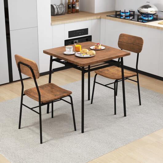 3 Piece Dining Table Set for 2 Wood Square Table with Metal Frame-Brown - Color: Brown D681-KC57727BN