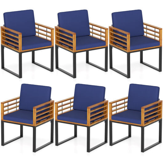 Outdoor Acacia Wood Patio Dining Chairs Set of 6 with Seat Back Cushions-Navy - Color: Navy D681-HW73164NY-23+HW73164NY-33
