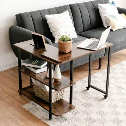 360?° Rotating Sofa Side Table with Storage Shelves and Wheels-Rustic Brown - Color: Rustic Brown D681-HW63073CF