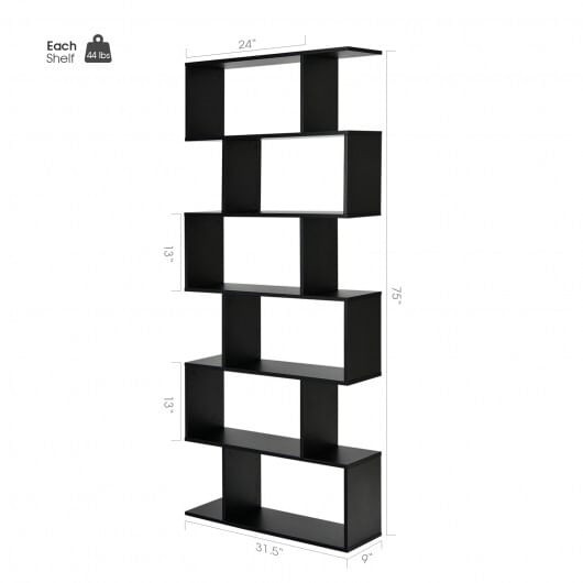 6 Tier S-Shaped Bookshelf Storage Display Bookcase Decor Z-Shelf -Black - Color: Black D681-CB10344DK