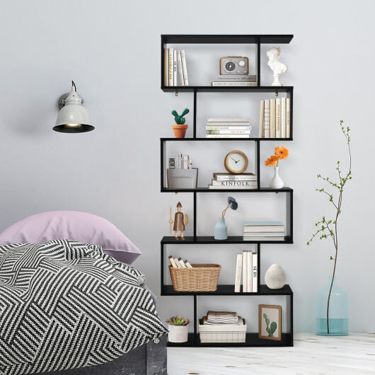 6 Tier S-Shaped Bookshelf Storage Display Bookcase Decor Z-Shelf -Black - Color: Black D681-CB10344DK