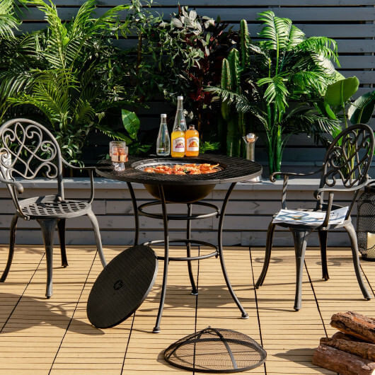 31.5 Inch Patio Fire Pit Dining Table With Cooking BBQ Grate - Color: Black D681-NP10257