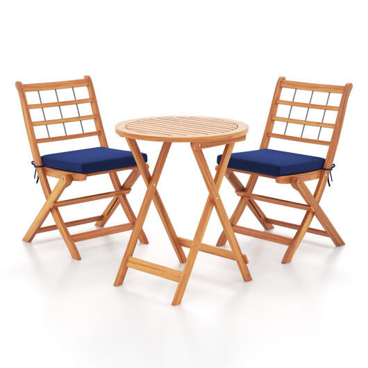 3 Pieces Acacia Wood Patio Bistro Set with Cushions-Navy - Color: Navy D681-HW72586NY