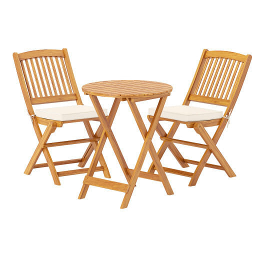 3 Pieces Acacia Wood Patio Folding Bistro Set with Soft Cushions-Beige - Color: Beige D681-HW73140CR