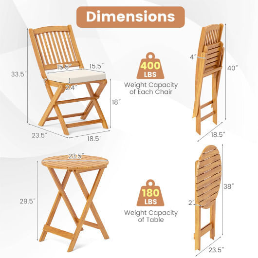 3 Pieces Acacia Wood Patio Folding Bistro Set with Soft Cushions-Beige - Color: Beige D681-HW73140CR