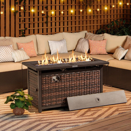45 Inch Propane Rattan Firepit Table with Glass Stones and Protective Cover-Mixed Brown - Color: Br D681-NP11847BN