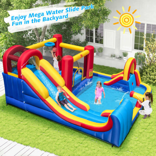 7 in 1 Outdoor Inflatable Bounce House with Water Slides and Splash Pools with 735W Blower - Color: D681-NP11086+EP24683