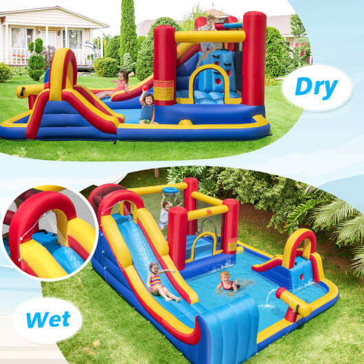 7 in 1 Outdoor Inflatable Bounce House with Water Slides and Splash Pools with 735W Blower - Color: D681-NP11086+EP24683