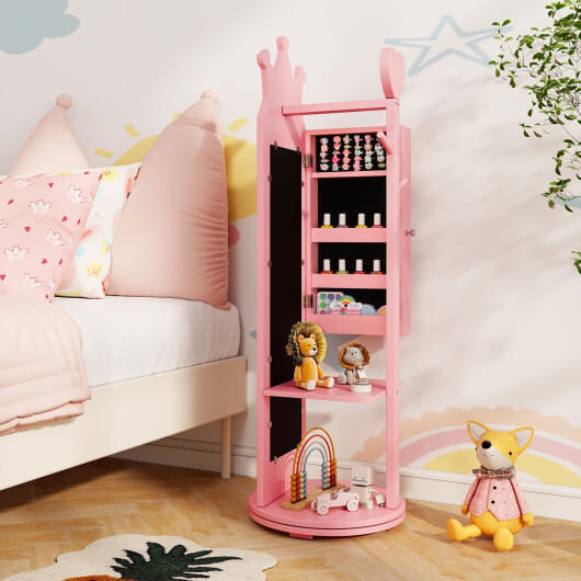 Free-Standing Full Length Mirror Kids Jewelry Armoire Cabinet-Pink - Color: Pink D681-HY10315PI