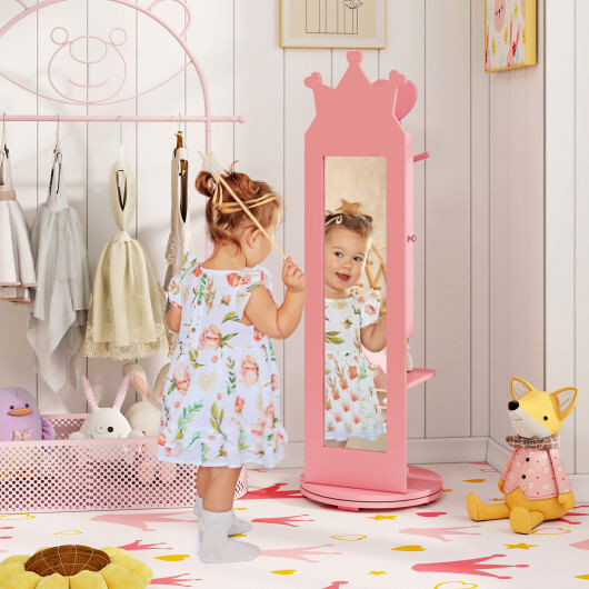 Free-Standing Full Length Mirror Kids Jewelry Armoire Cabinet-Pink - Color: Pink D681-HY10315PI