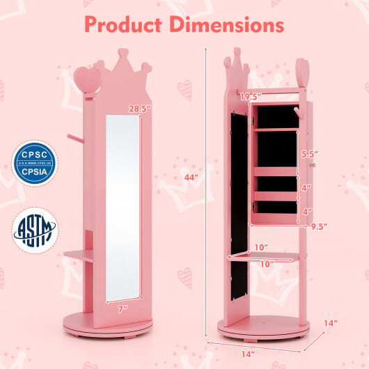 Free-Standing Full Length Mirror Kids Jewelry Armoire Cabinet-Pink - Color: Pink D681-HY10315PI