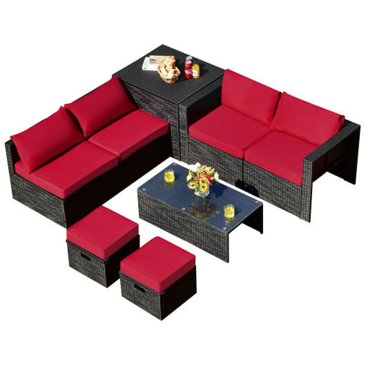 8 Pieces Patio Rattan Storage Table Furniture Set-Red - Color: Red D681-HW72076RE+