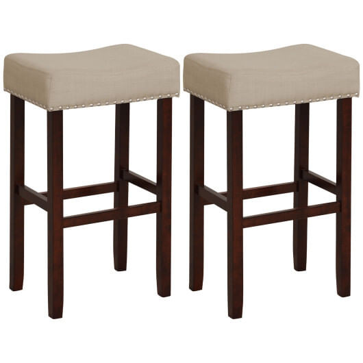 2 Set of 29 Inch Height Upholstered Bar Stool with Solid Rubber Wood Legs and Footrest-Beige - Colo D681-JV10850BE-29