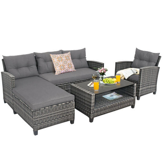 4 Pieces Patio Rattan Furniture Set with Cushion and Table Shelf-Gray - Color: Gray D681-HW67569GR+