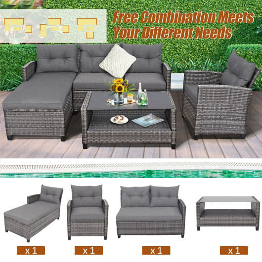 4 Pieces Patio Rattan Furniture Set with Cushion and Table Shelf-Gray - Color: Gray D681-HW67569GR+