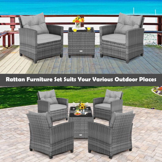 3 Pieces Outdoor Wicker Conversation Set with Tempered Glass Tabletop-Gray - Color: Gray D681-HW70267GR