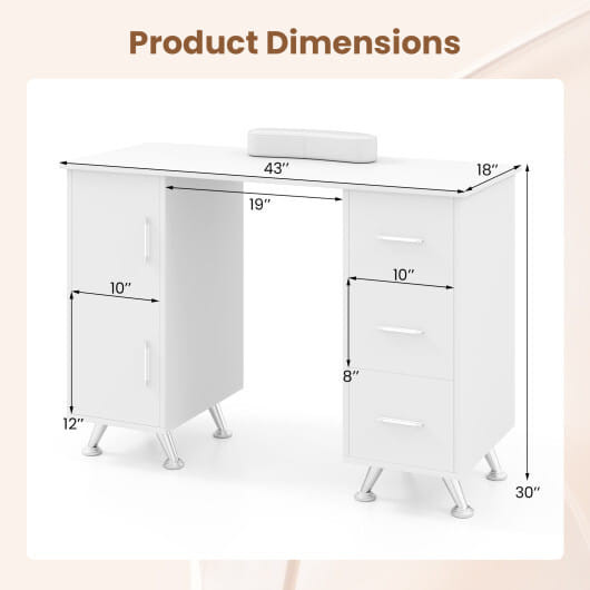 Wooden Manicure Table Nail Desk with Drawers Wrist Rest-White - Color: White D681-HB88758WH