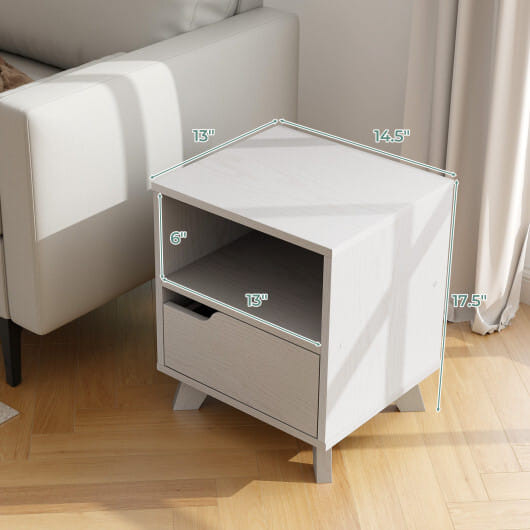 Mid Century Modern Bedside Table with Storage Drawer and Open Shelf-White - Color: White D681-JV11471WH