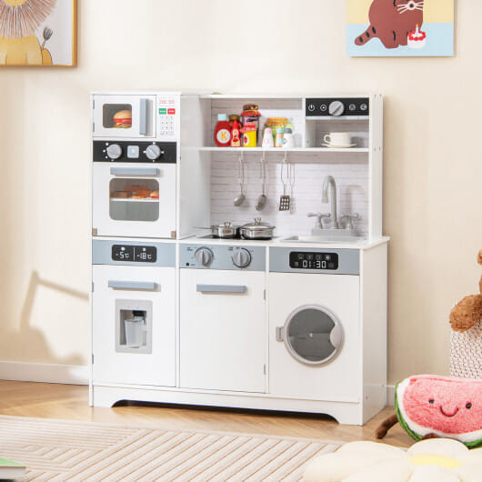 Pretend Play Kitchen Wooden Toy Set Kitchen Accessory Playset with Real Lights Sounds-White - Color D681-TP10236WH