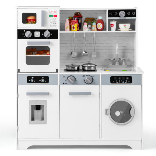 Pretend Play Kitchen Wooden Toy Set Kitchen Accessory Playset with Real Lights Sounds-White - Color D681-TP10236WH