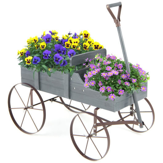 Wooden Wagon Plant Bed with Metal Wheels for Garden Yard Patio-Gray - Color: Gray D681-GT3662GR