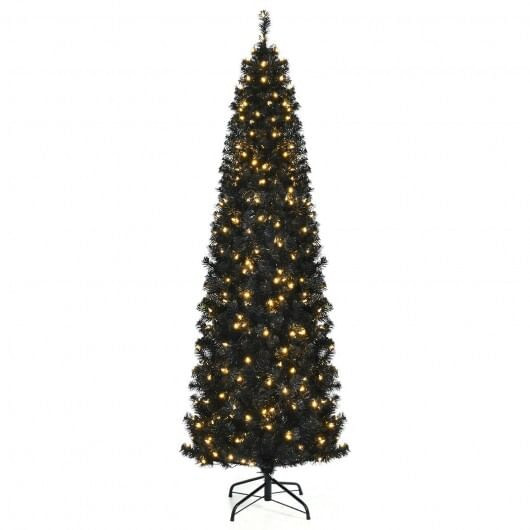 Pre-lit Christmas Halloween Tree with PVC Branch Tips and Warm White Lights-7 ft - Color: Black - S D681-CM23669US