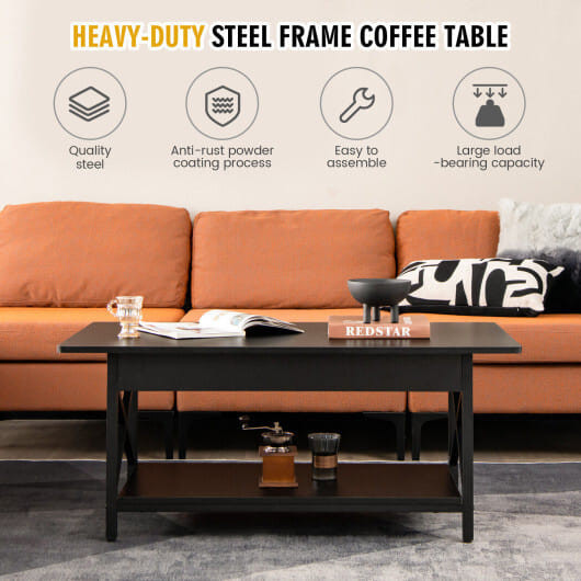 2-Tier Industrial Rectangular Coffee Table with Storage Shelf-Black - Color: Black - Size: 2-Tier D681-JV10632DK
