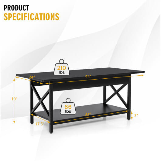 2-Tier Industrial Rectangular Coffee Table with Storage Shelf-Black - Color: Black - Size: 2-Tier D681-JV10632DK