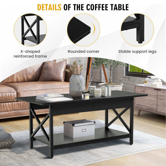 2-Tier Industrial Rectangular Coffee Table with Storage Shelf-Black - Color: Black - Size: 2-Tier D681-JV10632DK