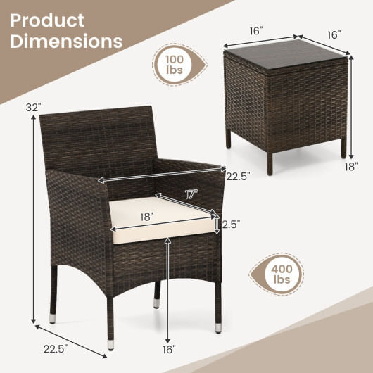3 Pieces Outdoor Conversation Set with Cushioned Seat and Glass Tabletop-Beige - Color: Beige D681-HW72792BN