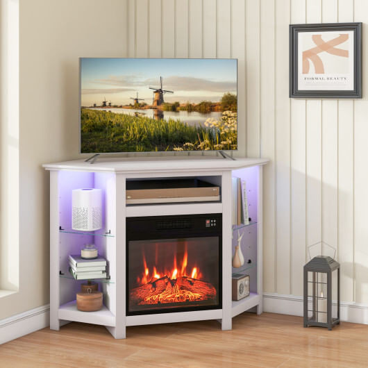 Fireplace Corner TV Stand with LED Lights and Smart APP Control for 50 Inches TV-White - Color: Whi D681-FP10534US-WH