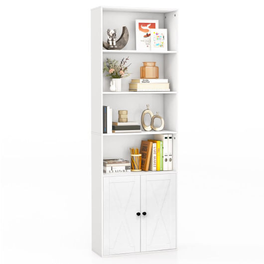 71 Inch Freestanding Bookshelf with 6 Shelves and 2-Door Cabinet-White - Color: White D681-CB10514WH