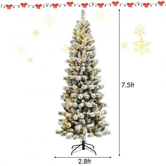 7.5 Feet Pre-Lit Hinged Christmas Tree Snow Flocked with 9 Modes Lights - Color: White - Size: 7.5  D681-CM23512US
