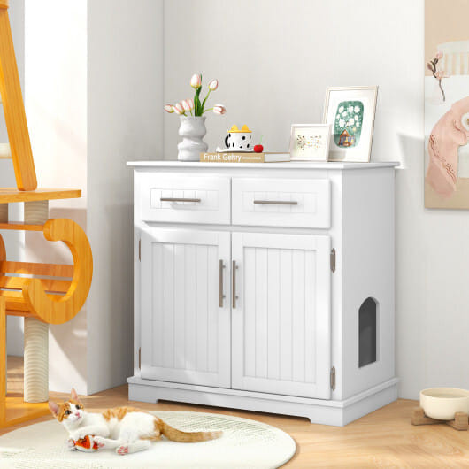 Cat Litter Box Enclosure with 2 Drawers and Double Doors-White - Color: White D681-PV10192WH