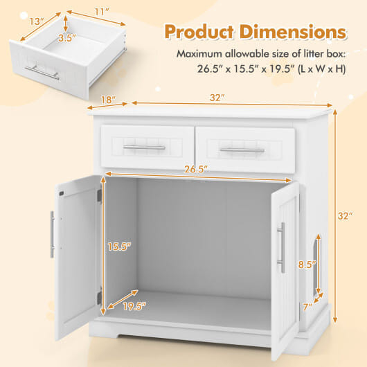 Cat Litter Box Enclosure with 2 Drawers and Double Doors-White - Color: White D681-PV10192WH