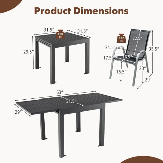 Outdoor Dining Table Set with Extendable Aluminum Table and 4 Stackable Chairs D681-NP11692GR+NP11384DK-4