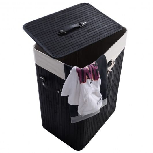 Rectangle Bamboo Hamper Laundry Basket Washing Cloth Bin Storage Bag Lid 3 color-Black - Color: Bla D681-HW67642BK