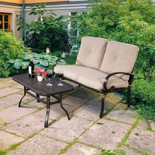 2 Pieces Patio Outdoor Cushioned Coffee Table Seat-Beige - Color: Beige D681-HW51784BE