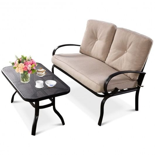 2 Pieces Patio Outdoor Cushioned Coffee Table Seat-Beige - Color: Beige D681-HW51784BE