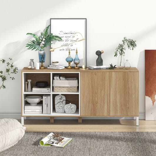 63 Inches Buffet Sideboard with 4 Compartments and Push-to-Open Cabinet-Natural - Color: Natural D681-JV11707OK+