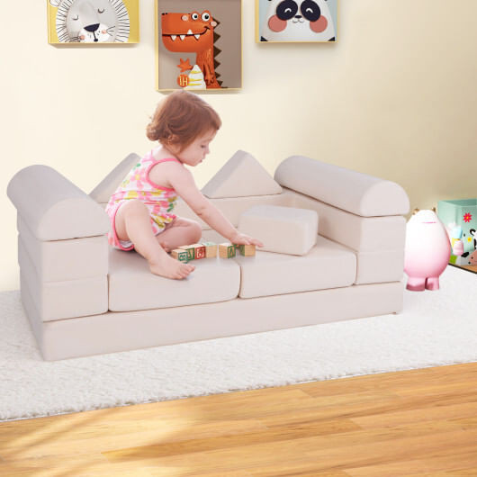 9-Piece Climb and Crawl Foam and Floor Playset with Breathable Suede Fabric-Beige - Color: Beige D681-TP10266BE