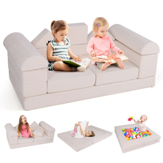 9-Piece Climb and Crawl Foam and Floor Playset with Breathable Suede Fabric-Beige - Color: Beige D681-TP10266BE