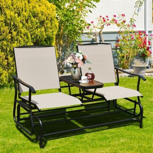 2-Person Rocking Loveseat with Mesh Fabric and Tempered Glass Table - Color: Beige D681-OP70357BE