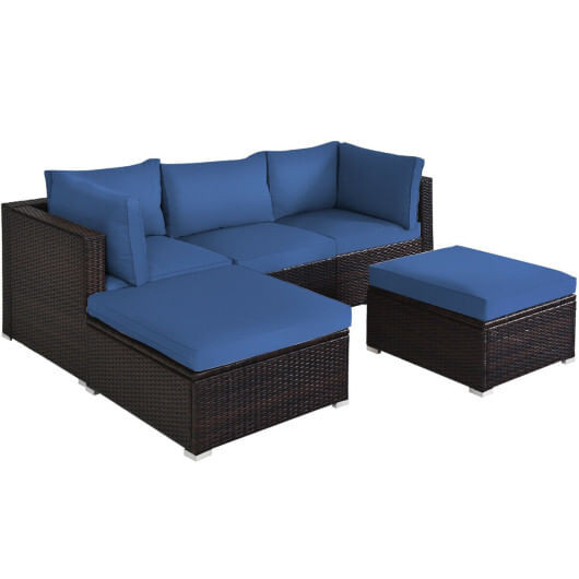 5 Pieces Patio Rattan Sofa Set with Cushion and Ottomans-Navy - Color: Navy D681-HW68678BNY+